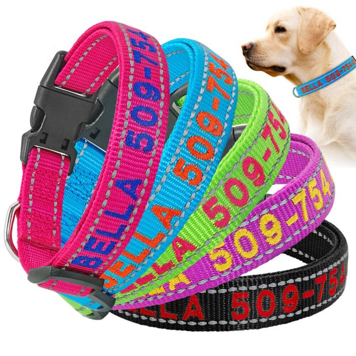 Dog collar name personalized embroidered reflective custom puppy nylon